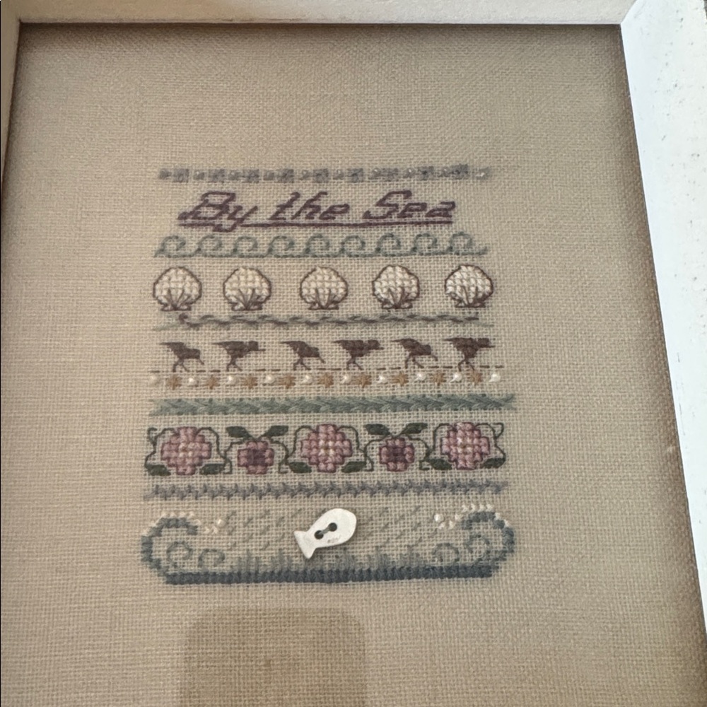 Coastal Cross Stitch Framed Art in Soft Pastels - Picture 2 of 4